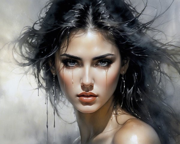 Portrait of a woman with dark hair and emotional expression