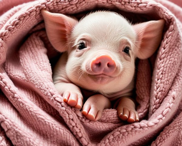 Adorable Piglet Nestled in Cozy Pink Blanket