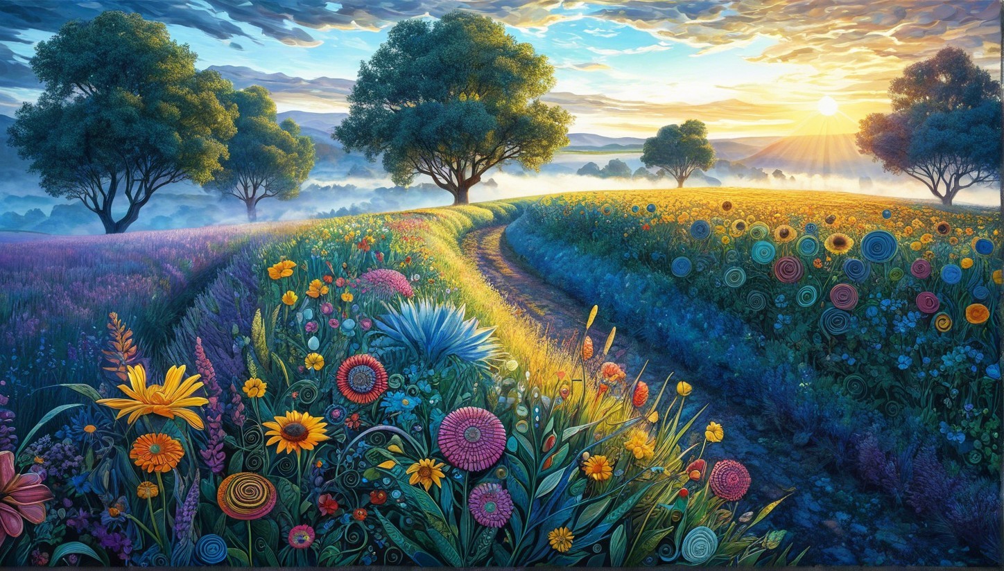 Vibrant Landscape with Winding Path and Colorful Flowers