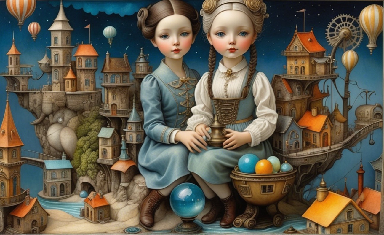 Porcelain-skinned girls in whimsical architecture scene