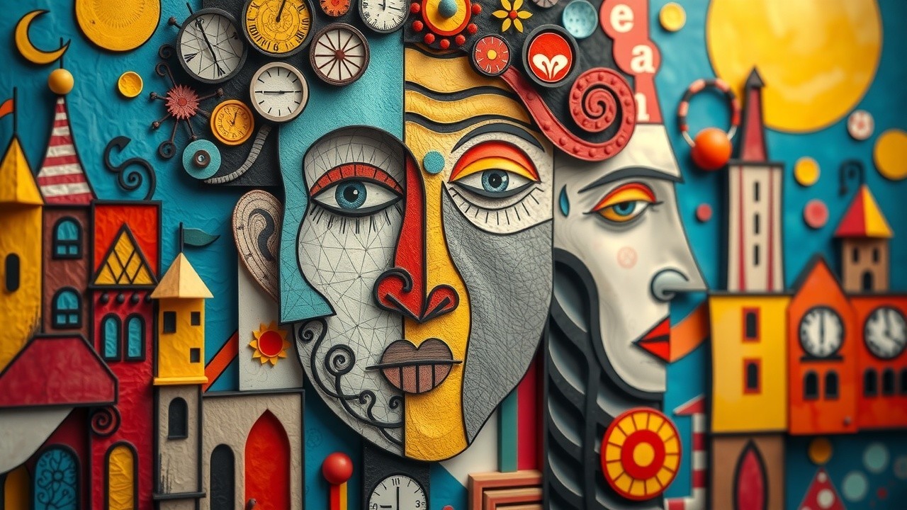 Vibrant Abstract Collage of Colorful Faces and Shapes