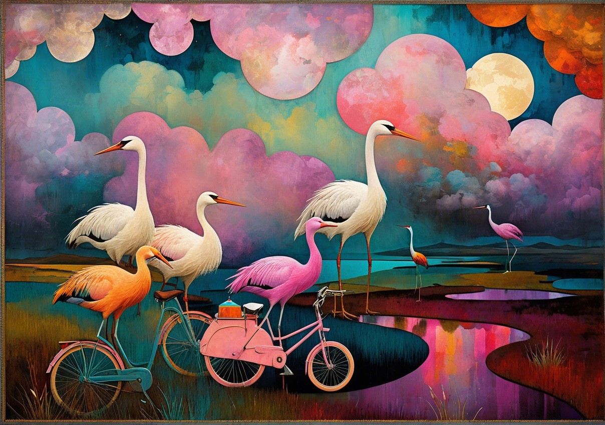 Elegant birds on colorful bicycles in a surreal scene