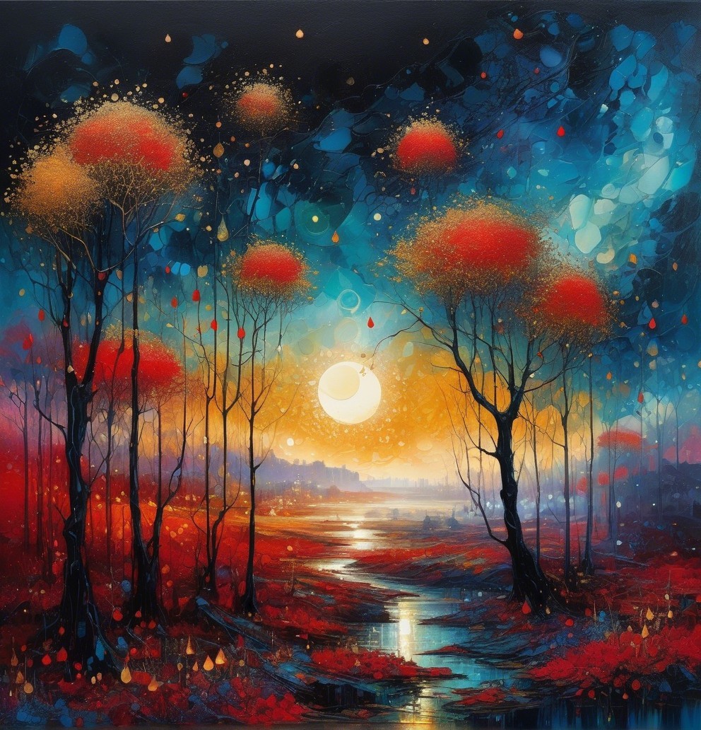 Twilight Landscape with Colorful Foliage and River