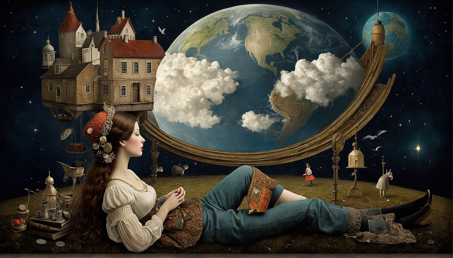 Whimsical Woman in Surreal Landscape with Oversized Objects