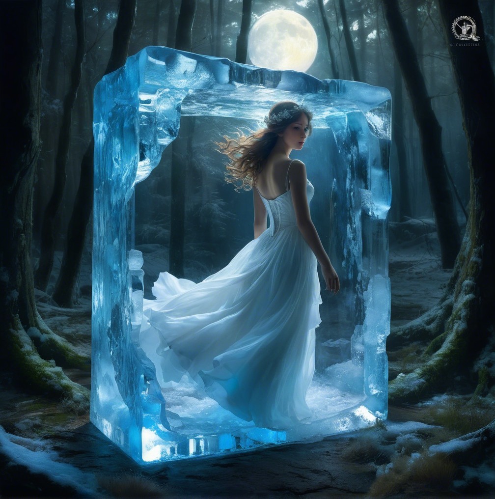 Serene Figure in Ice Cube Surrounded by Mystical Forest