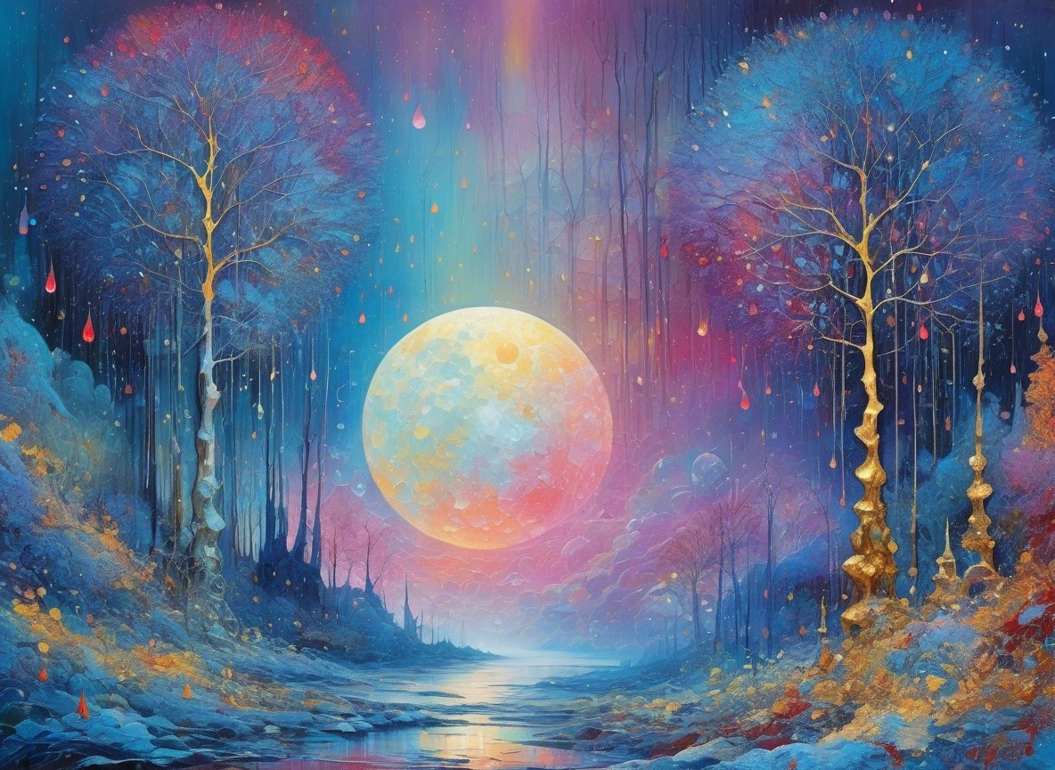 Ethereal Landscape with Vibrant Moon and Tranquil River