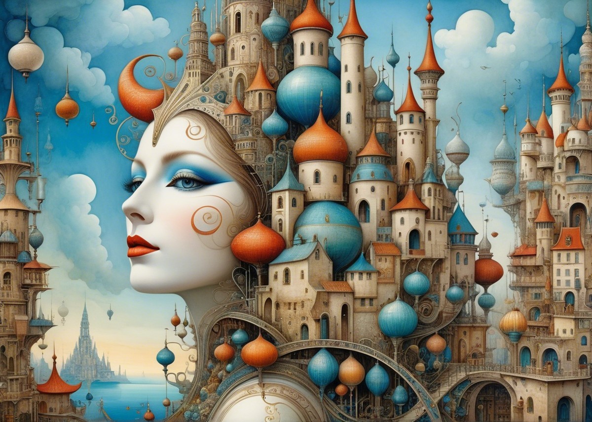 Surreal Landscape with Woman's Face and Fantastical City