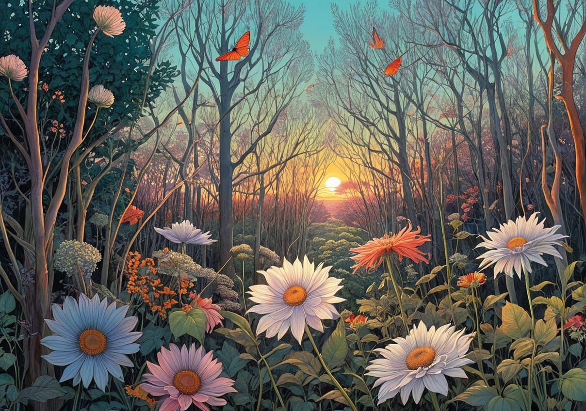 Tranquil Forest Scene at Sunset with Vibrant Flowers