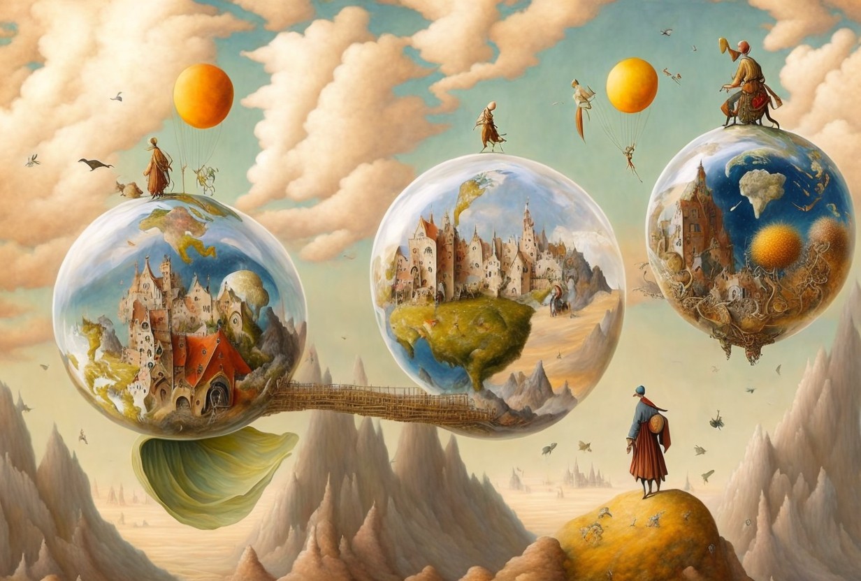 Imaginary Planet with Floating Spheres and Cityscape