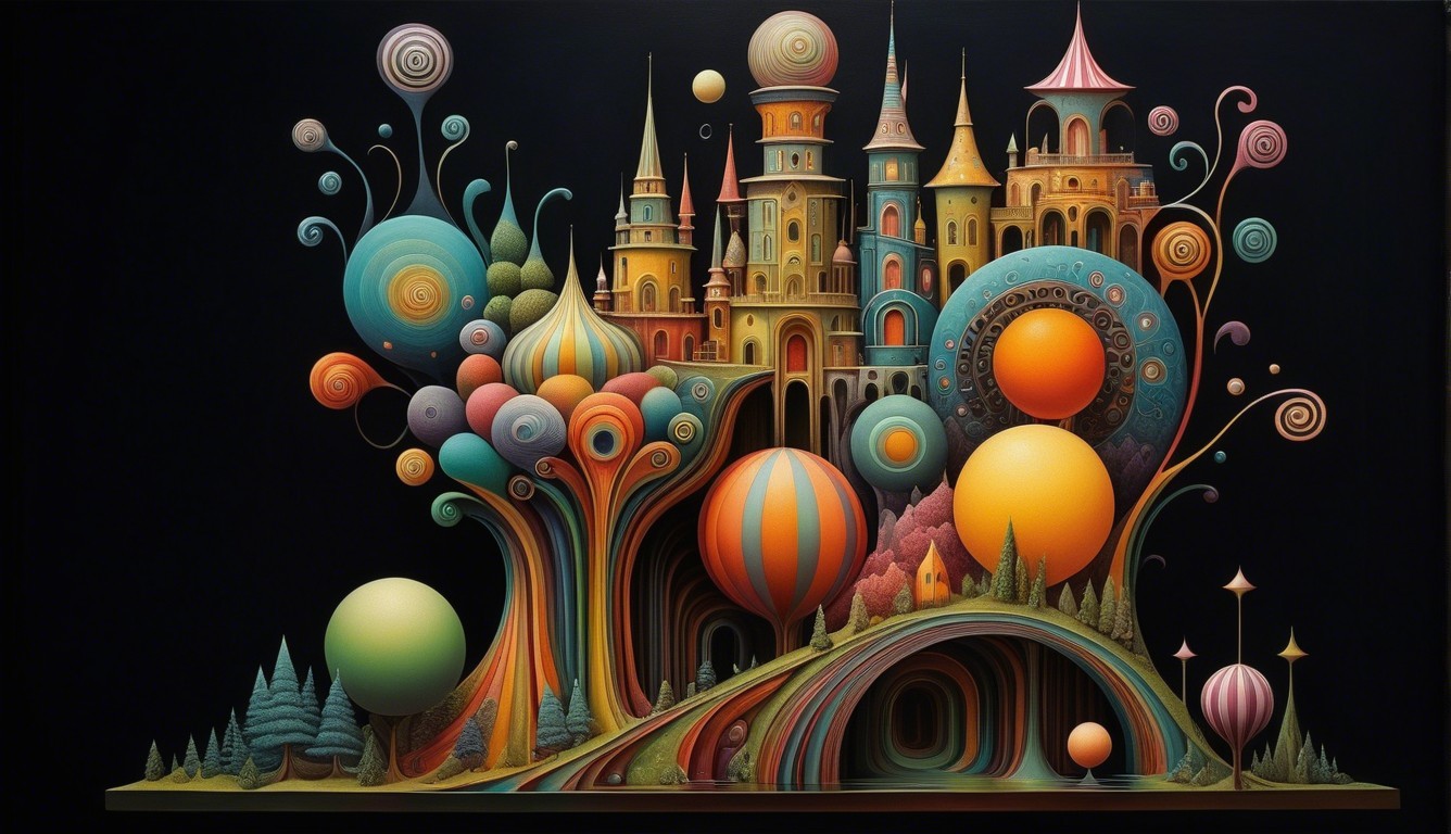 Vibrant Whimsical Landscape with Fantastical Elements