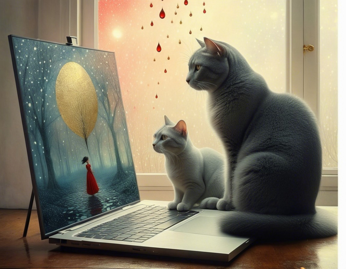 Gray Cats Beside Laptop with Whimsical Forest Image