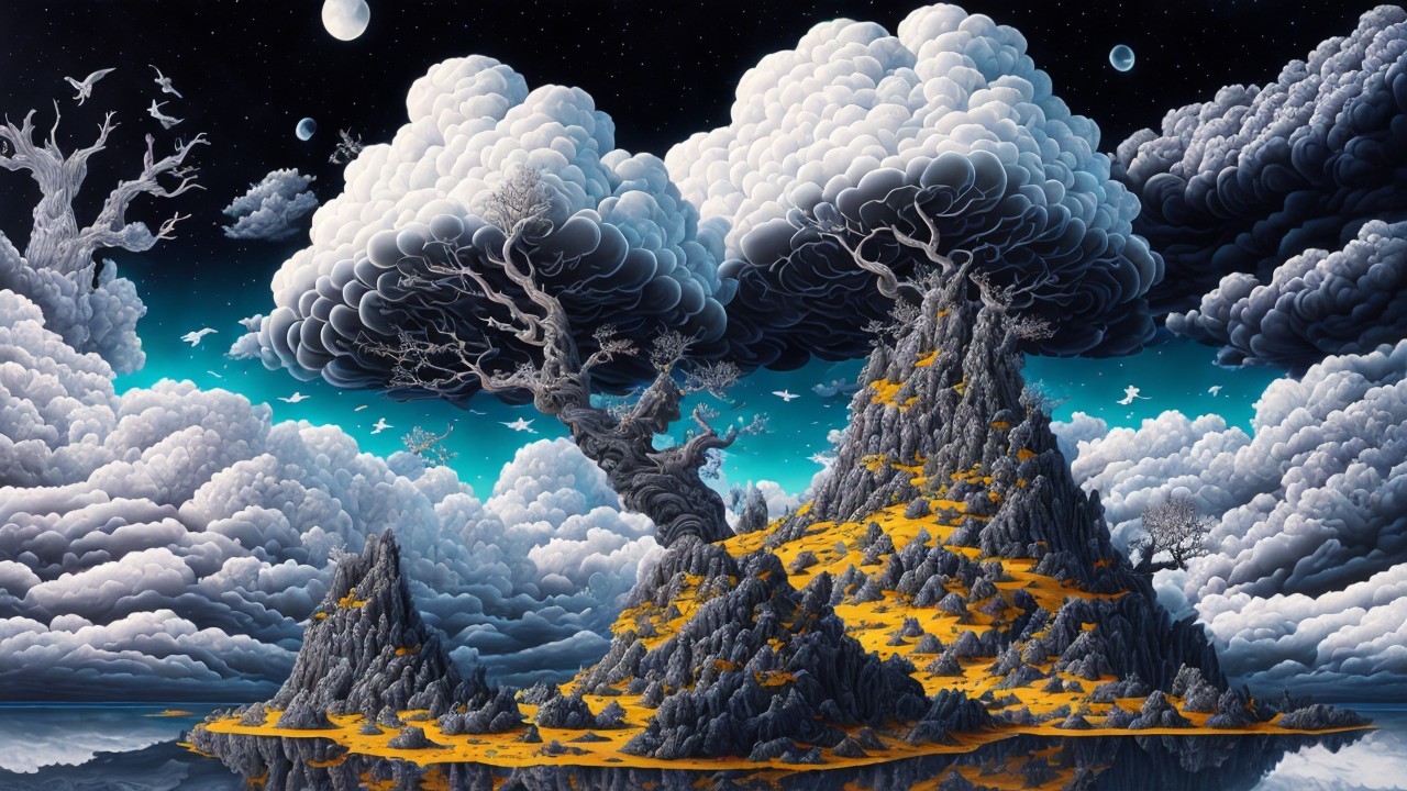 Fantastical Landscape with Twisted Trees and Moons