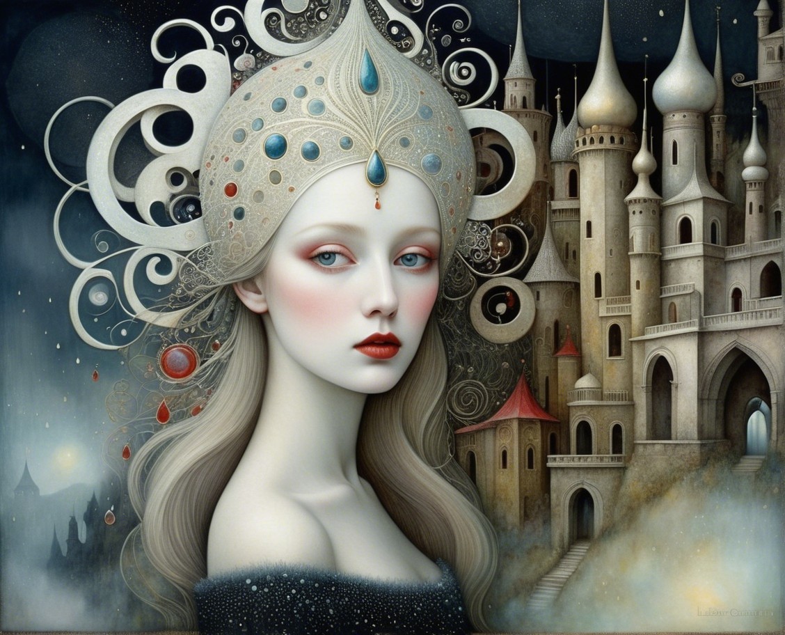 Mystical figure with silver hair and ornate castle backdrop