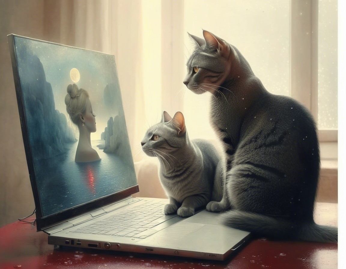 Grey Cats Observing a Laptop with Serene Image