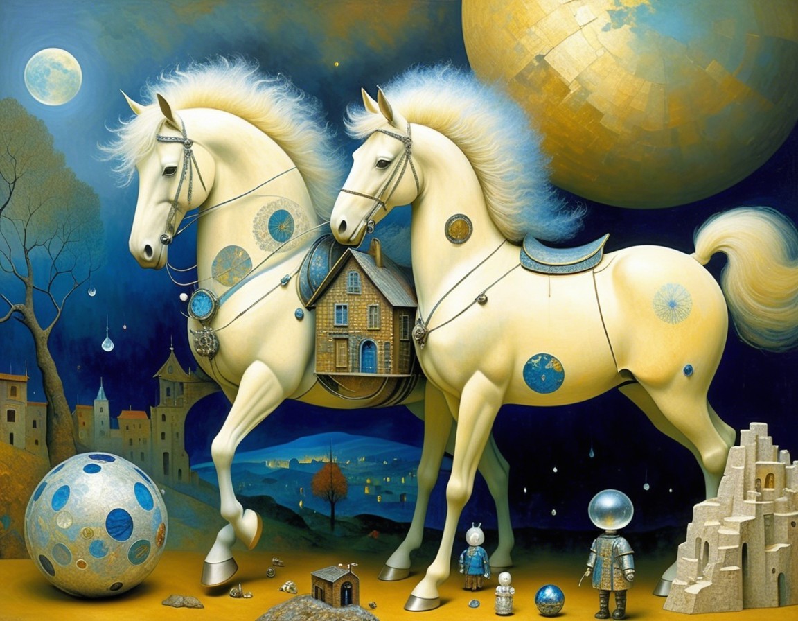 White horses in cosmic landscape with whimsical elements