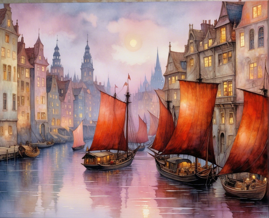 Twilight Waterfront Scene with Boats and City Skyline