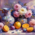 Whimsical Still Life with Metallic Pitcher and Sculptures