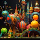 Whimsical Castle with Colorful Sculptures and Lights