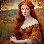 Young woman in golden gown in dreamy landscape