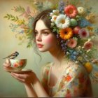 Serene woman with red blossoms in mystical setting