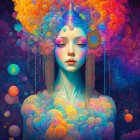 Surreal Portrait of Woman with Colorful Hair and Cosmos