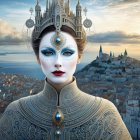 Young woman in gown gazes at distant castle at twilight