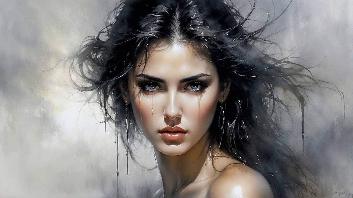 Portrait of a woman with dark hair and emotional expression