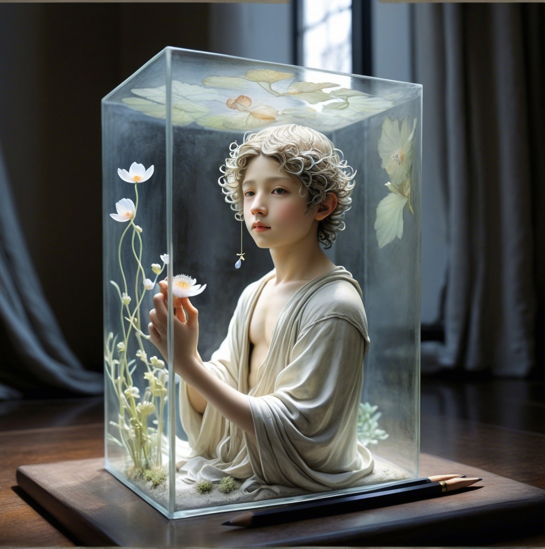 Artistic Display of a Boy in a Glass Box with Flowers