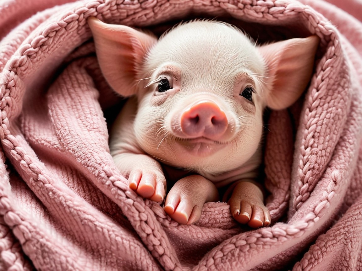 Adorable Piglet Nestled in Cozy Pink Blanket