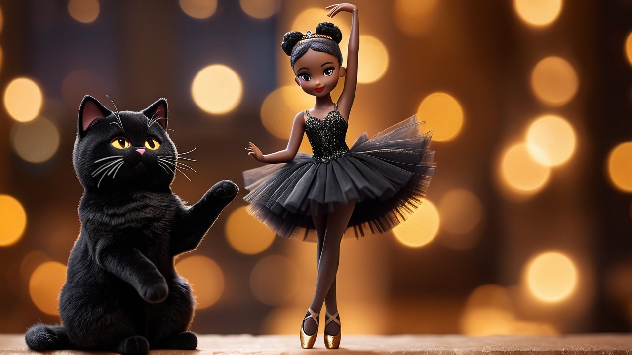 Black Cat Doll and Ballerina Doll on Table Background