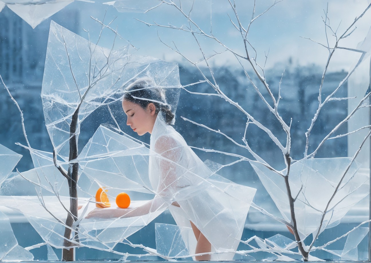 Woman in Sheer White Tunic Surrounded by Ice and Oranges