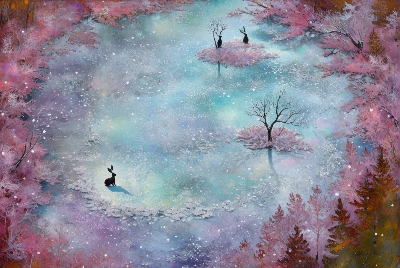 Surreal Winter Wonderland Landscape with Rabbits