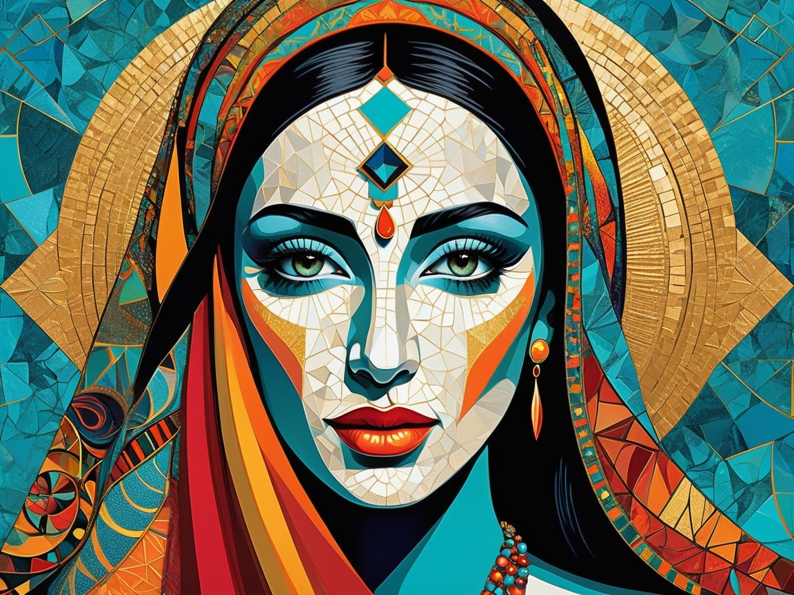 Vibrant Portrait of a Woman with Green Eyes and Fabrics