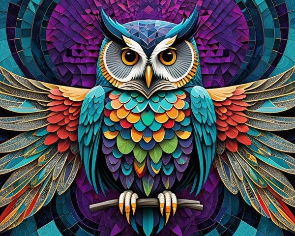 Vibrant Owl with Multicolored Feathers and Patterns