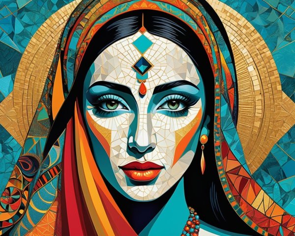 Vibrant Portrait of a Woman with Green Eyes and Fabrics