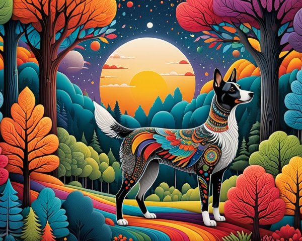 Colorful Whimsical Landscape with Dog and Sunset