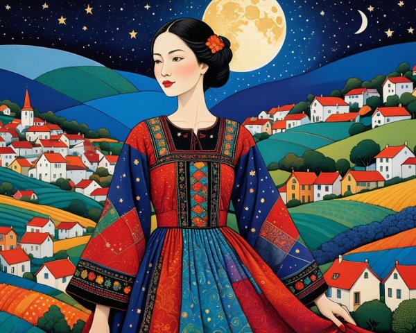 Woman in patterned dress against nighttime landscape