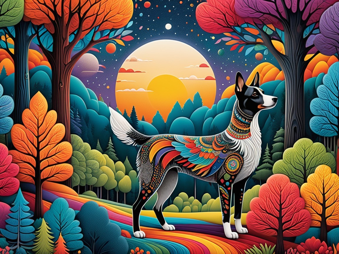 Colorful Whimsical Landscape with Dog and Sunset