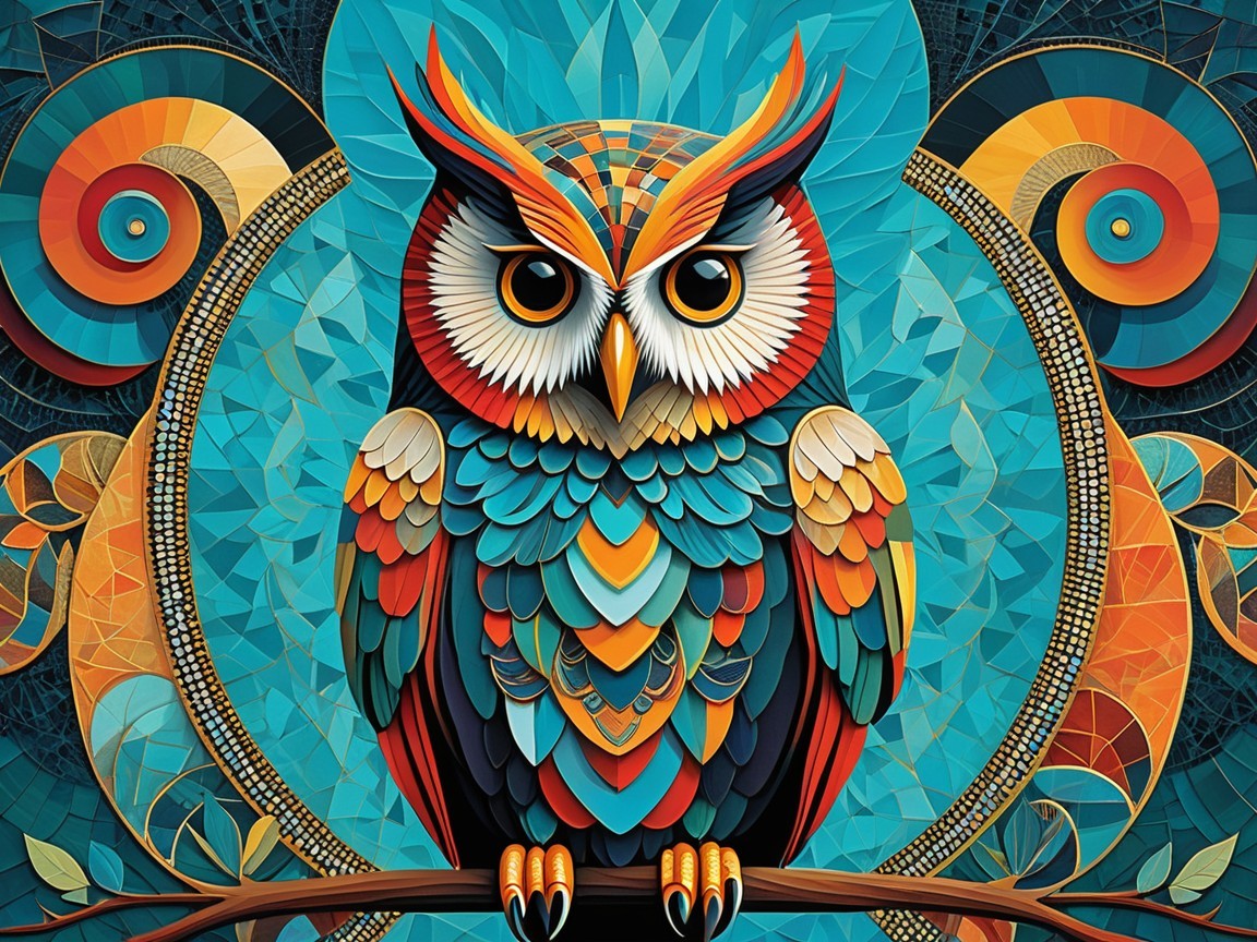 Vibrant Owl with Geometric Patterns on Branch