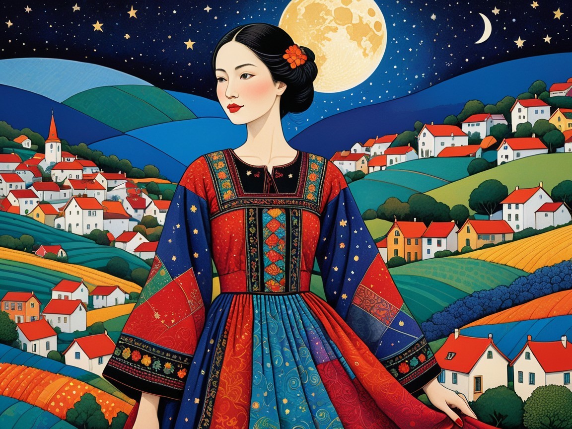 Woman in patterned dress against nighttime landscape