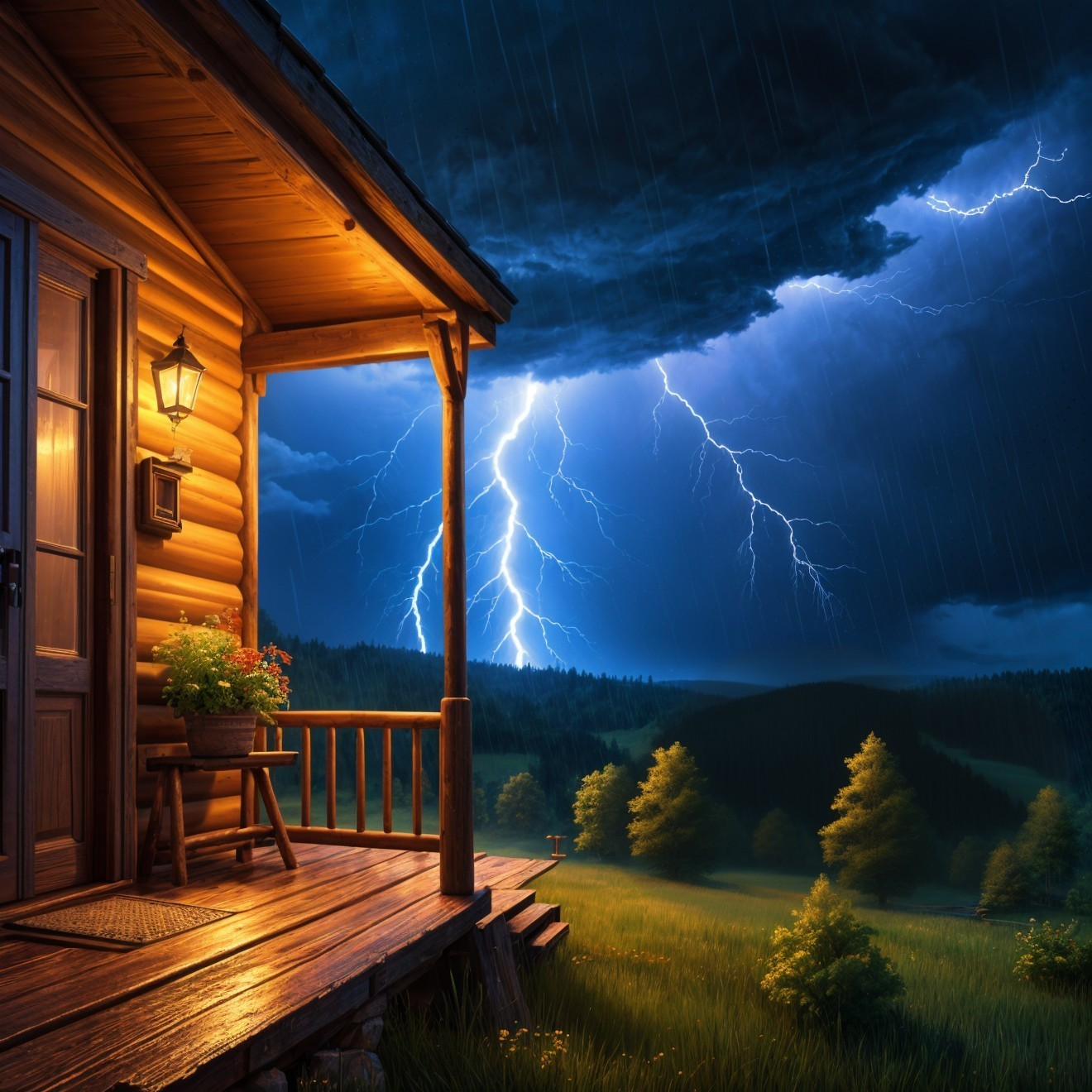 Cozy Wooden Cabin Under Stormy Sky with Lantern Light