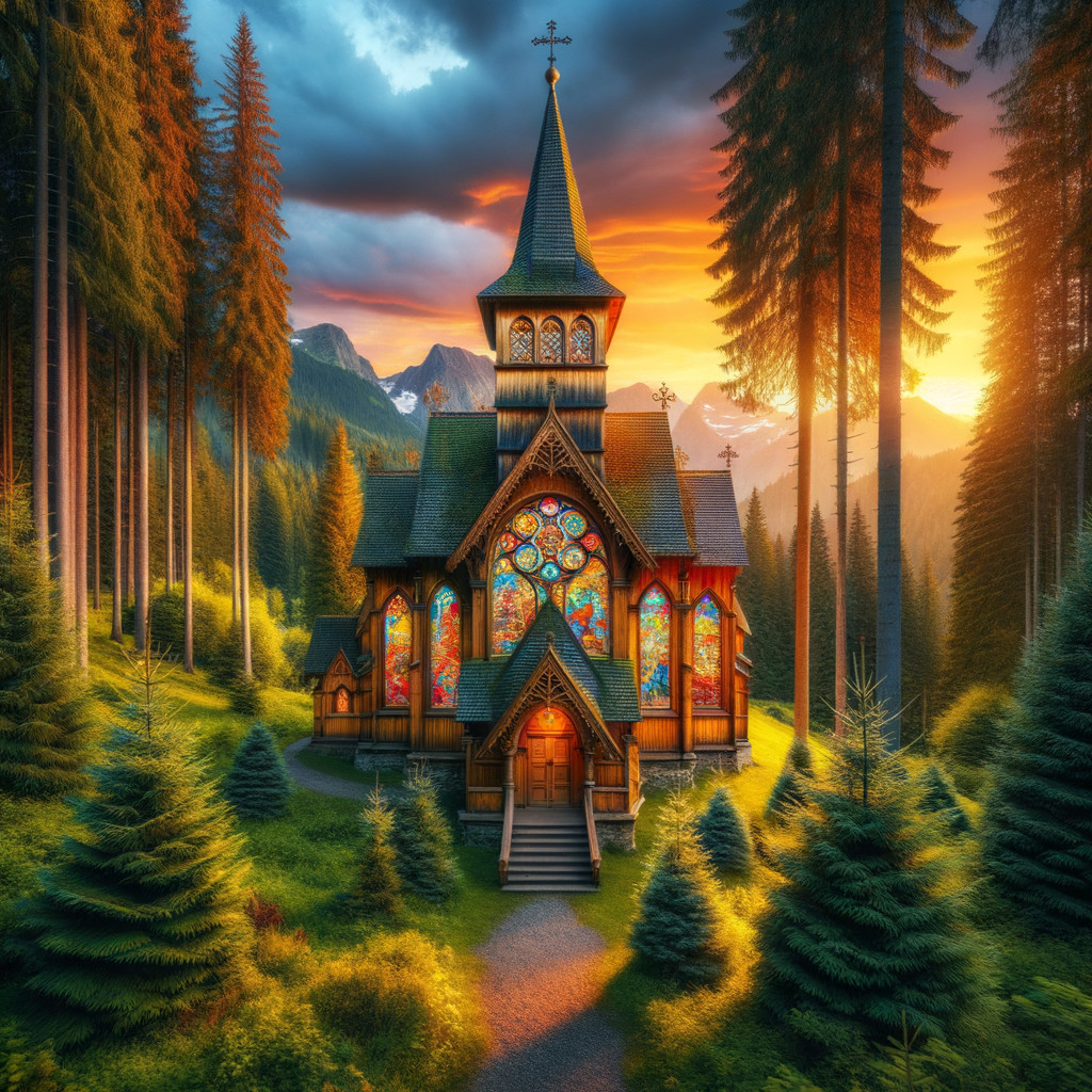 Picturesque Church with Stained Glass Amid Mountains