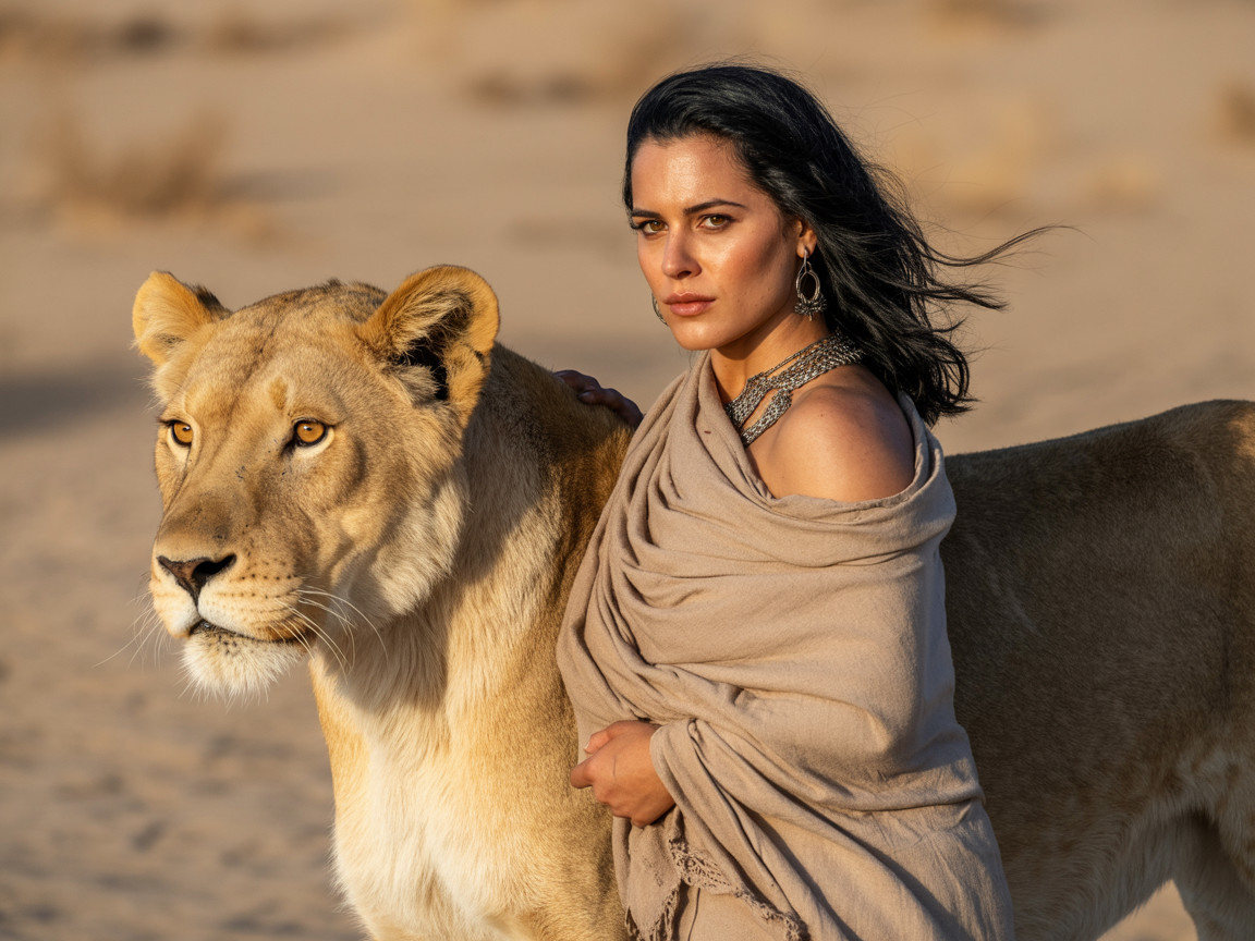 Woman and Lioness in a Desert Landscape Scene