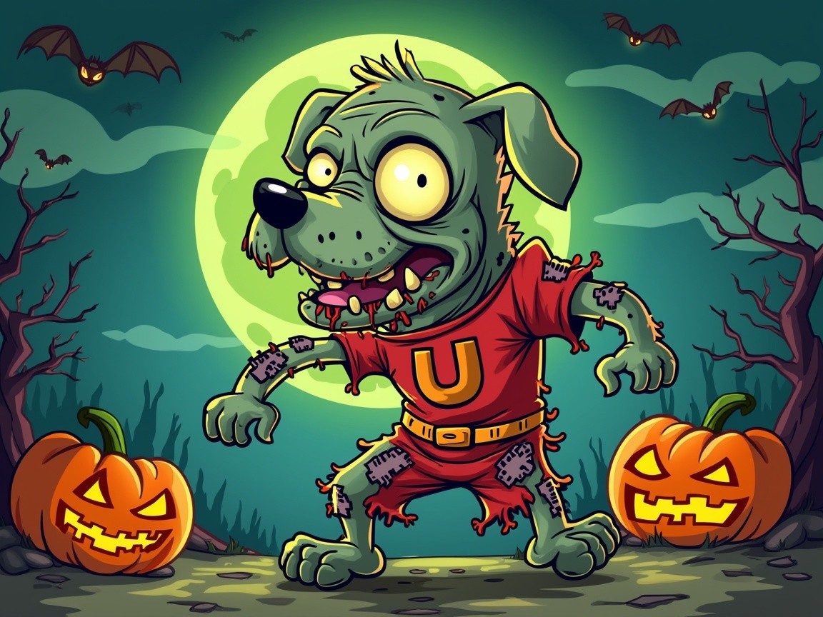 Cartoon Zombie Dog Under Eerie Moon and Pumpkins