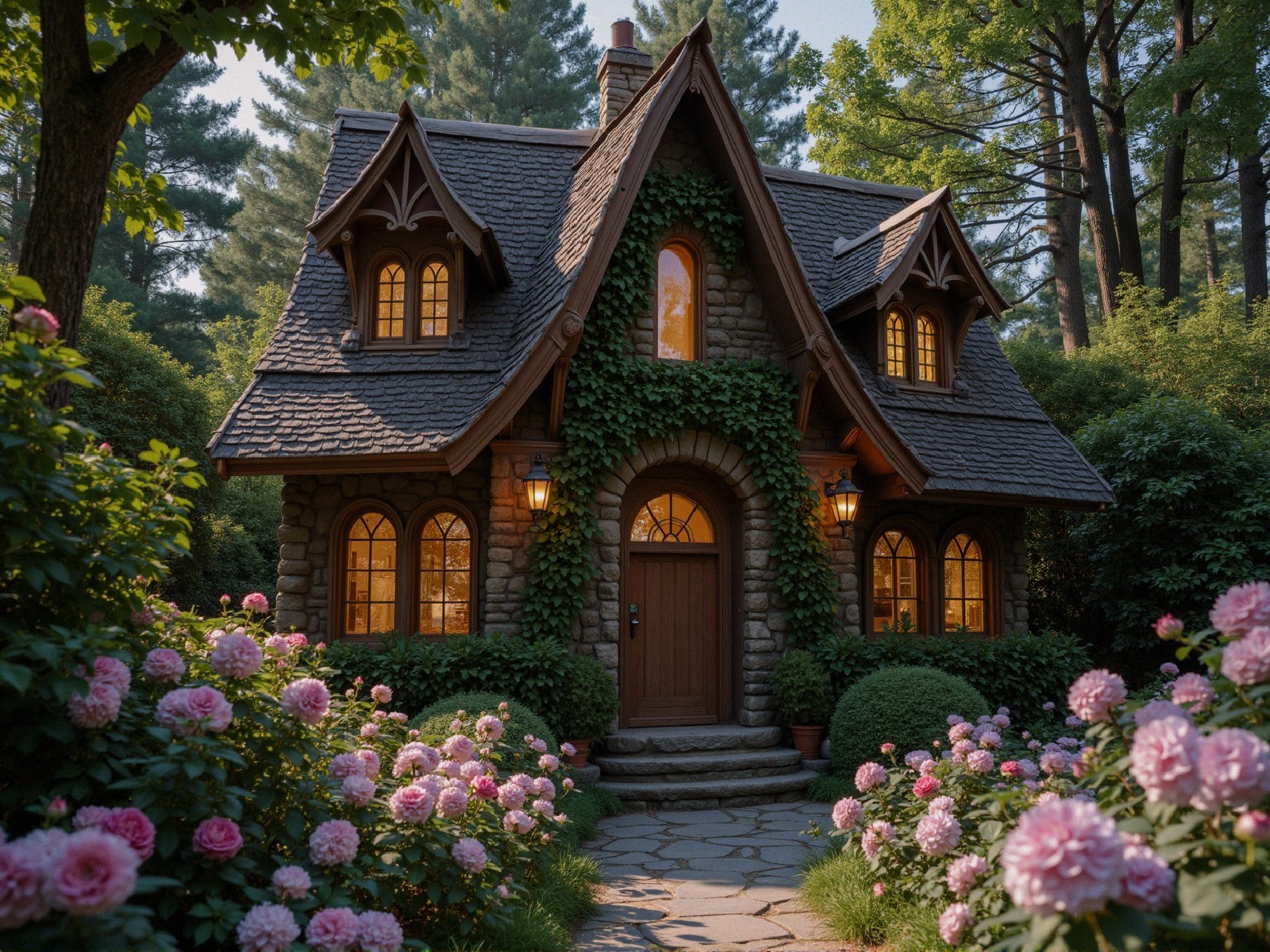 Charming Stone Cottage Surrounded by Blooming Roses