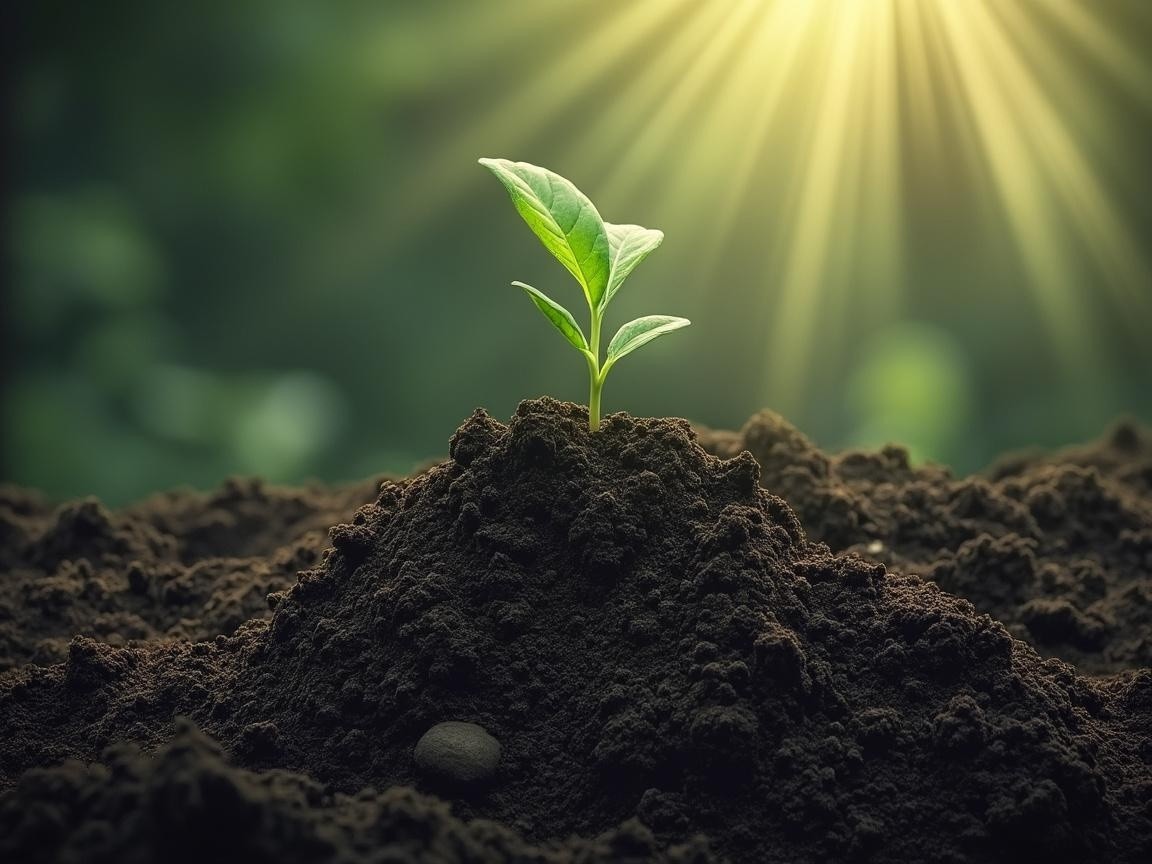 Green Seedling Emerging from Dark Soil in Sunlight