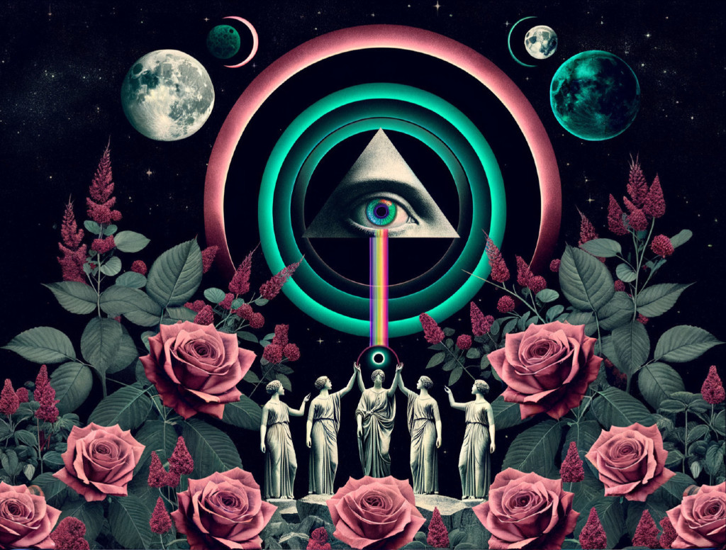 Mystical Artwork with Eye, Figures, and Cosmic Elements