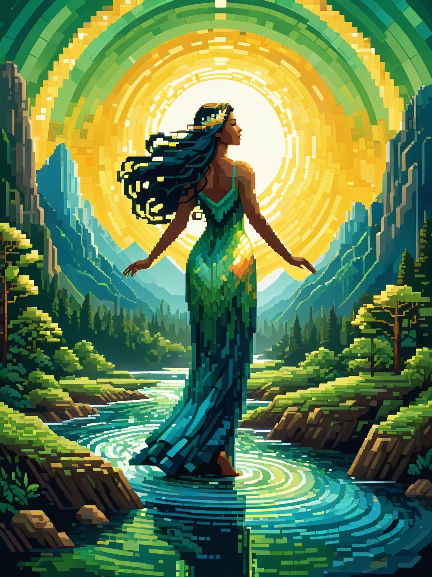 Pixel Art of a Woman by a Tranquil River Scene