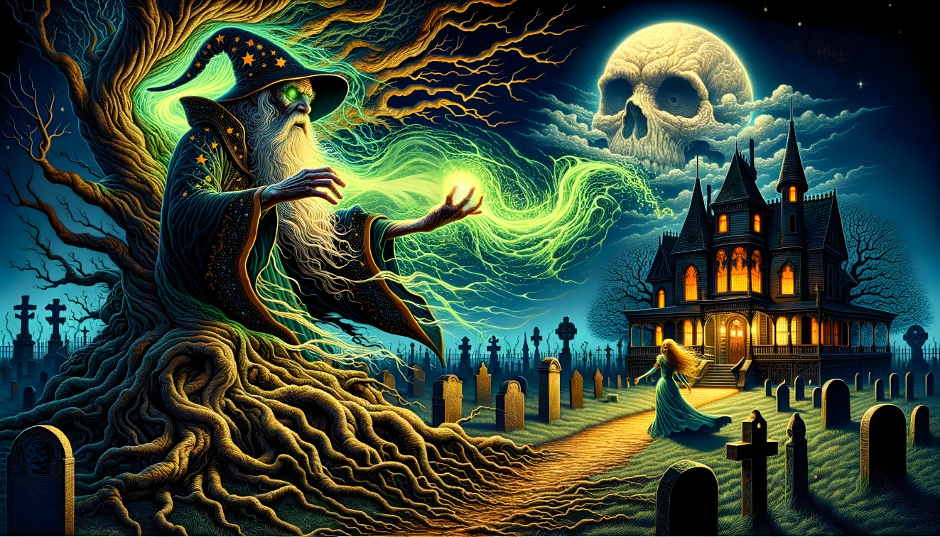 Mystical Night Scene with Wizard and Haunted Mansion