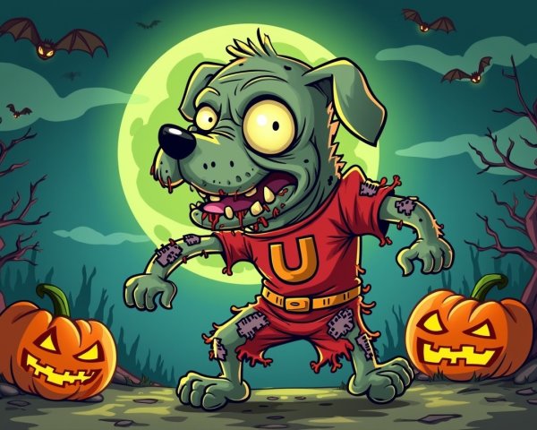 Cartoon Zombie Dog Under Eerie Moon and Pumpkins